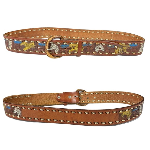 Vintage Other - Western Tooled Hand Painted Equestrian Horse Leather Brown Unisex Belt
